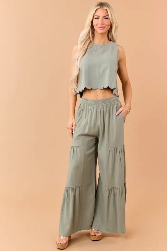 Dark Sage Linen Blend Flowy Wide Leg Pants - Allie Rose