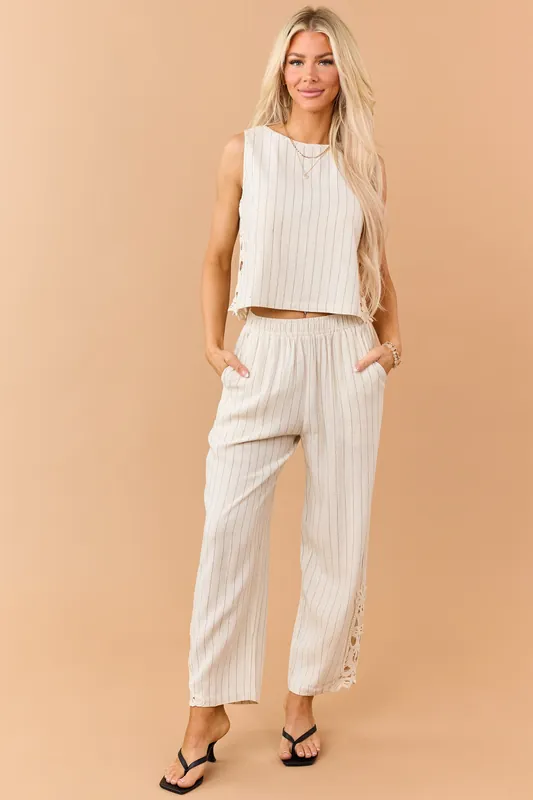 Almond Pinstripe Linen Blend Side Lace Panel Pants - Allie Rose