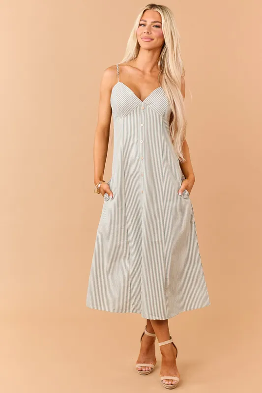 Pine Striped Faux Button Down Sleeveless Midi Dress - Allie Rose