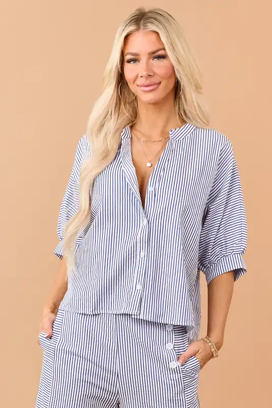 Navy Striped Button Down Dolman Sleeve Top - Allie Rose