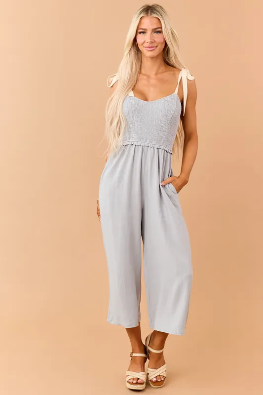 Light Juniper Linen Blend Smocked Jumpsuit - Allie Rose