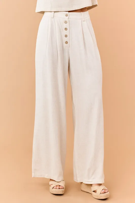 Almond Linen Blend Button Fly Wide Leg Pants - Allie Rose