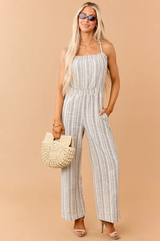 Navy Striped Open Back Sleeveless Jumpsuit - Allie Rose