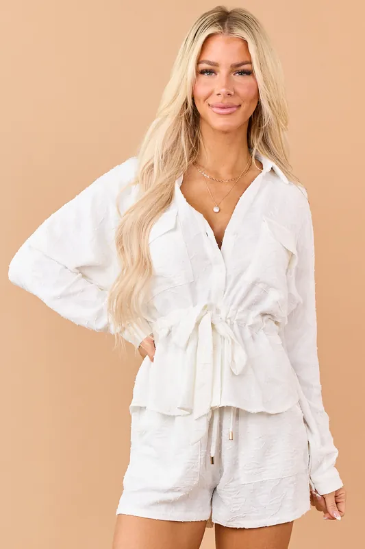 Off White Textured Jacquard Waist Tie Top - Allie Rose