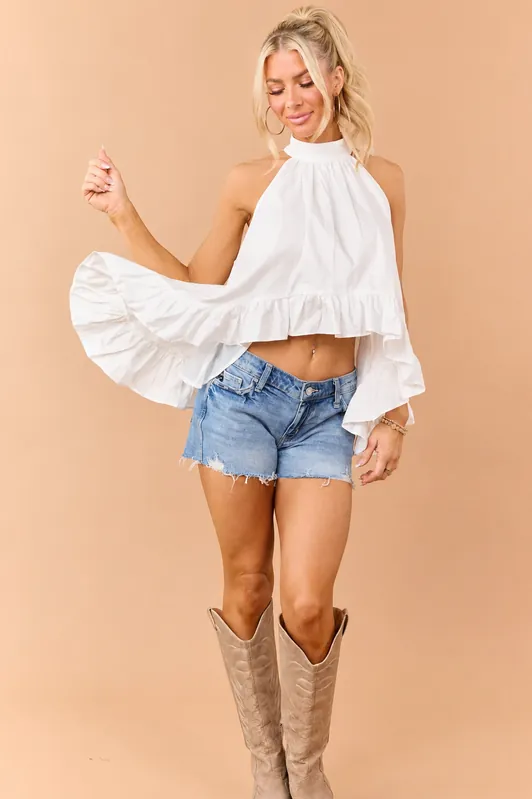 Off White Cotton Flowy Ruffle Hem Halter Top - Heyson