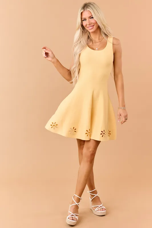 Light Amber Knit Eyelet Floral Hem Mini Dress - Heyson