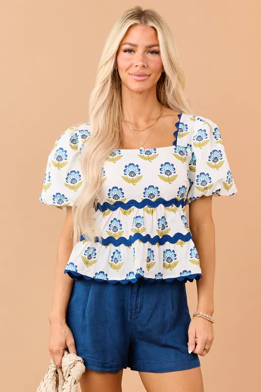 White Floral Pattern Cotton Puff Sleeve Tiered Top - TCEC