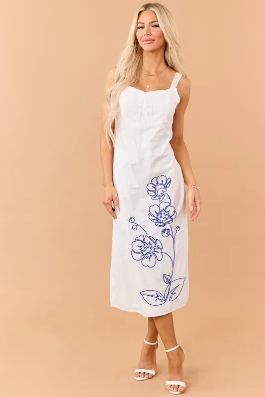 White Cotton Floral Embroidered Lace Trim Midi Dress - BaeVely