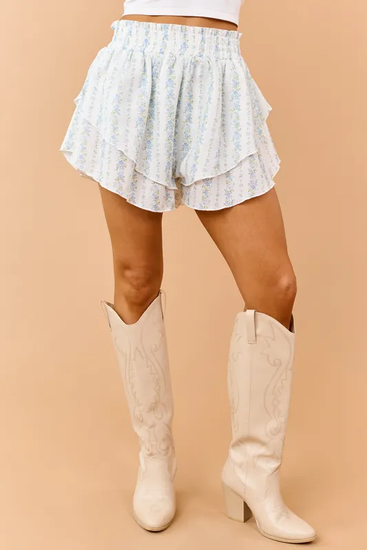 Ivory Floral Print Smocked Waist Tiered Shorts - BaeVely