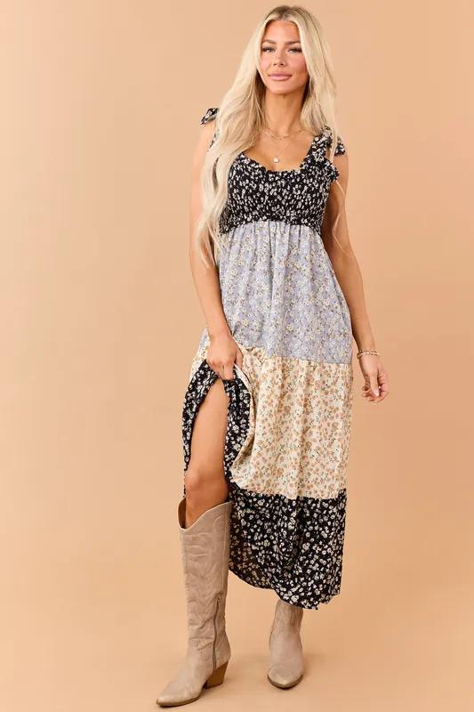 Black Colorblock Floral Smocked Bust Maxi Dress - BaeVely