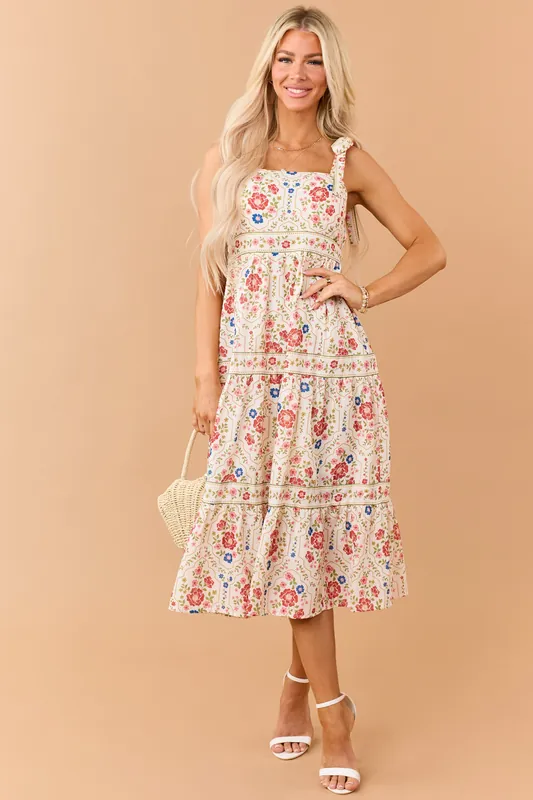 Cream Floral Print Tie Strap Tiered Midi Dress - Polagram