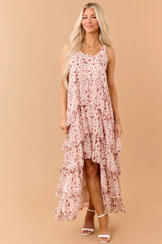 Tea Rose Floral Ruffle Tiered Twist Strap Maxi Dress - Polagram
