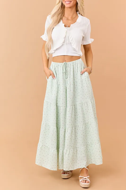 Seafoam Ditsy Floral Tiered Drawstring Maxi Skirt - BaeVely
