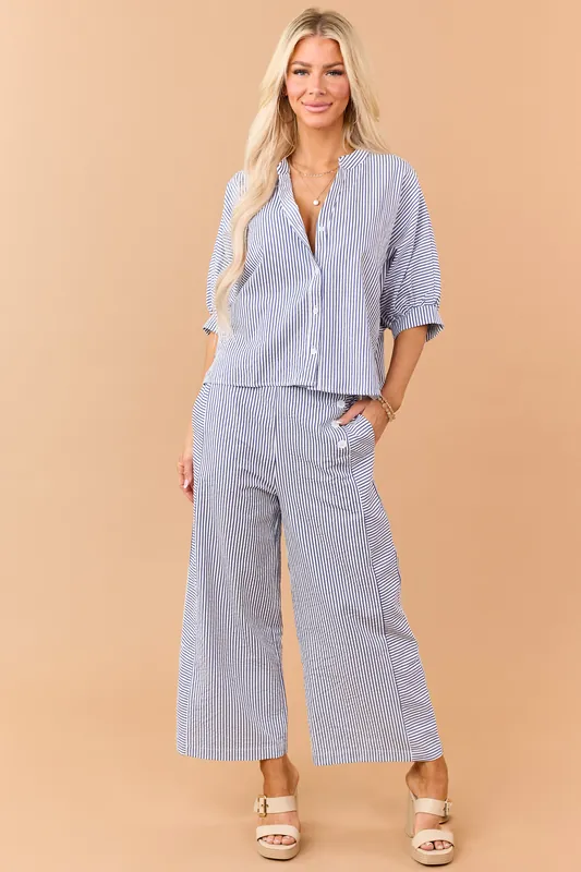 Navy Striped Side Button Down Wide Leg Pants - Allie Rose