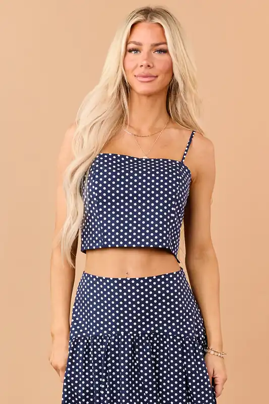 Navy and White Polka Dot Cotton Crop Cami Top - Day + Moon