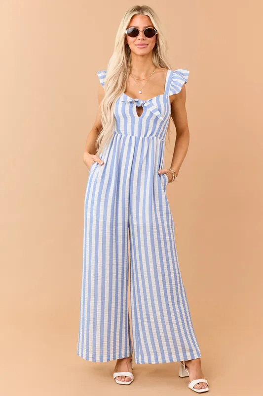 Powder Blue Striped Bust Tie Wide Leg Jumpsuit - Doe & Rae