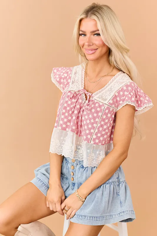 Ruby Gingham Floral Embroidered Lace Trim Top - Camellia Clothing