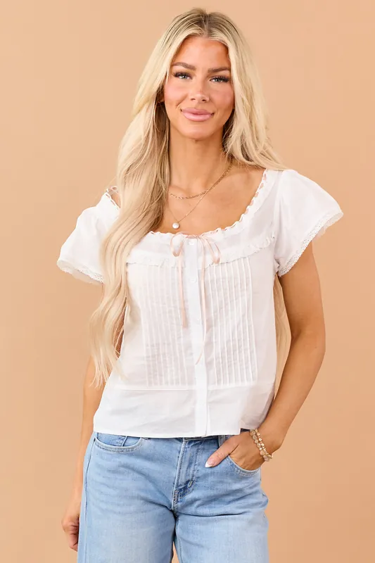 Off White Cotton Lace Ribbon Trim Pintuck Blouse - Camellia Clothing