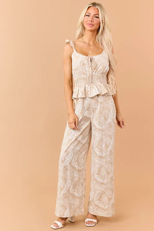 Desert Leaf Print Smocked Peplum Waist Jumpsuit - Doe & Rae