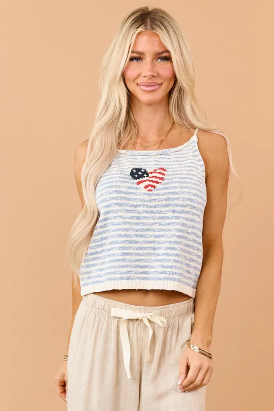 Steel Blue Cotton Stripe Heart Flag Graphic Tank Top - Hem & Thread