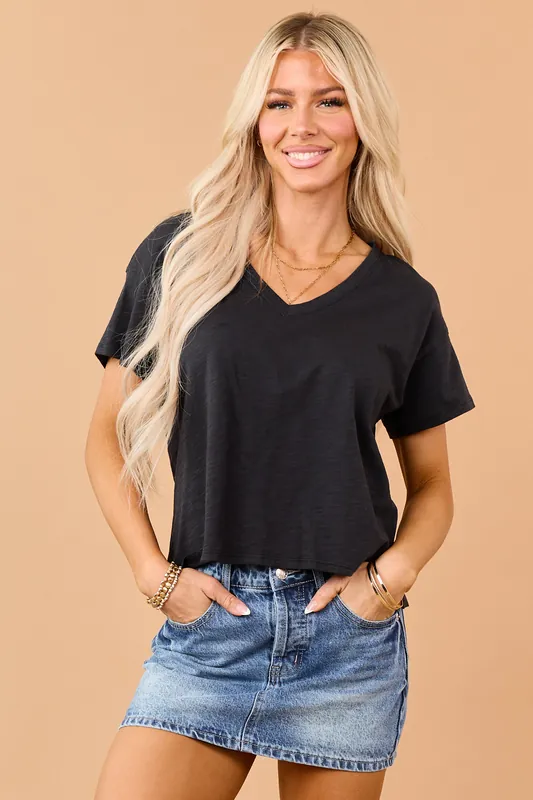 Black Slub Knit V-Neck Side Slit Relaxed Tee