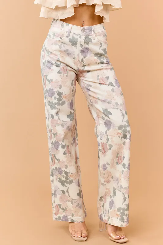 Saige Vanilla Floral Tummy Control Straight Jeans - Saige Denim