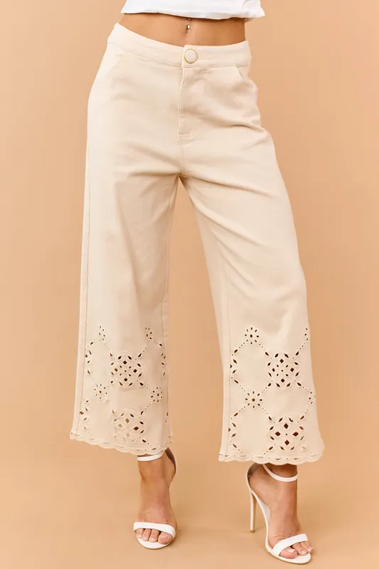 Almond Scalloped Embroidered Hem Wide Crop Jeans - Lalavon
