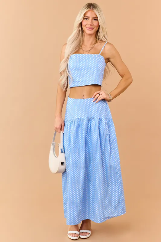Cornflower and White Polka Dot Cotton Maxi Skirt - Day + Moon