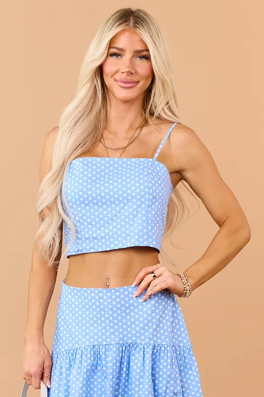Cornflower and White Polka Dot Cotton Crop Cami Top - Day + Moon
