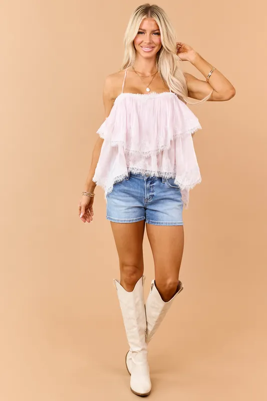 Tea Rose Shimmer Tiered Lace Trim Flowy Cami Top - LENA