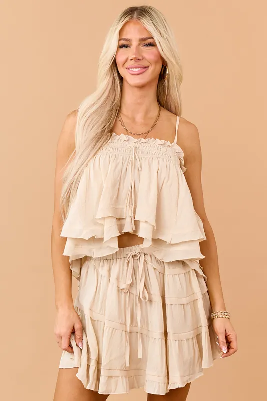Beige Smocked Tiered Handkerchief Hem Cami Top - Mustard Seed