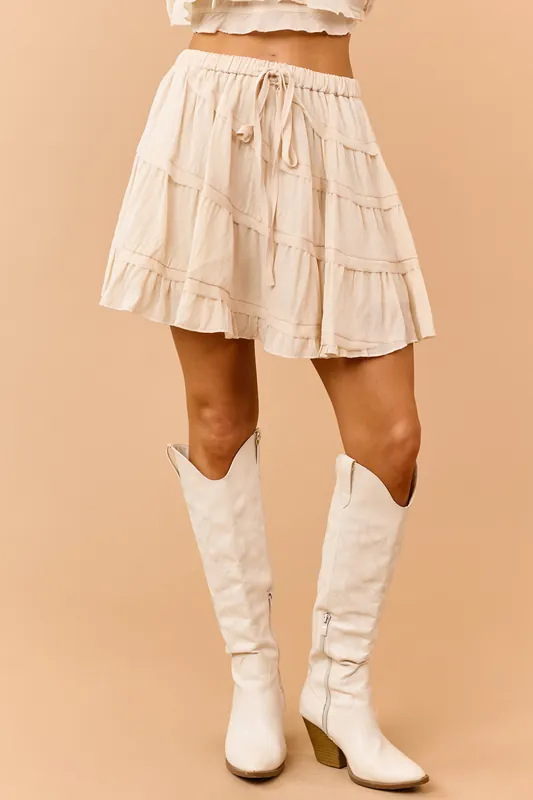 Beige Tiered Diagonal Seam Elastic Waist Mini Skort - Mustard Seed