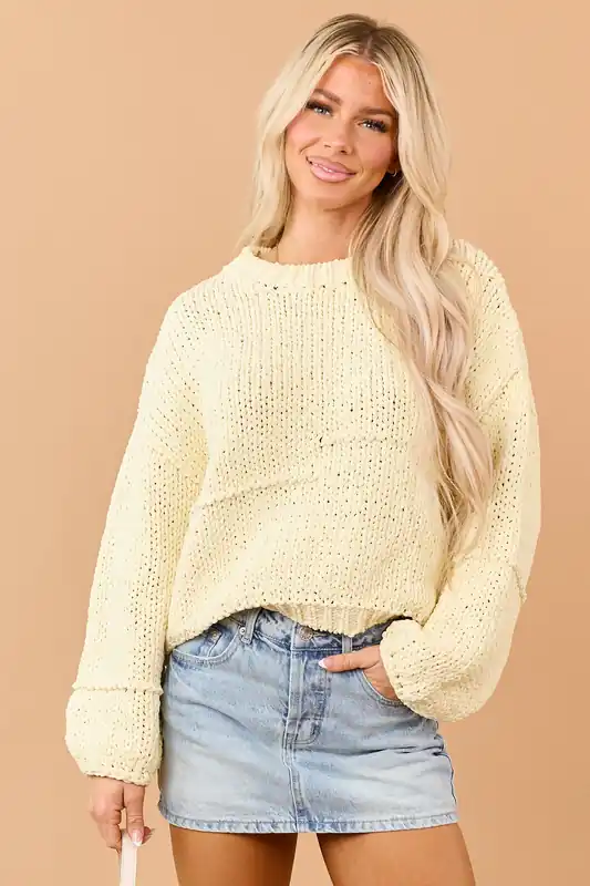 Buttercream Chenille Open Knit Bubble Sleeve Sweater - LENA