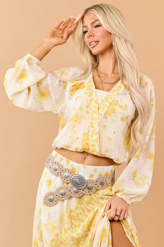 Amber Mixed Floral Print Surplice Long Sleeve Top - Mystree