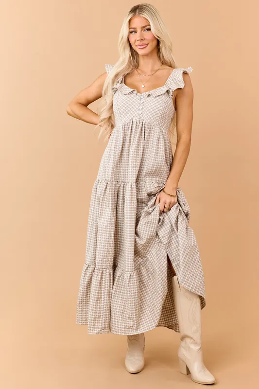 Khaki Heart Gingham Ruffle Strap Maxi Dress - creamon