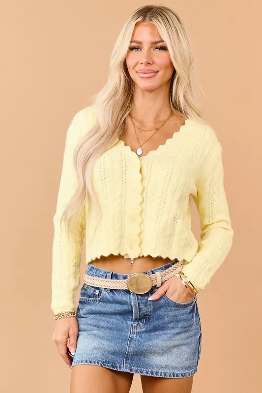 Honeysuckle Scallop Trim Cable Knit Cardigan - Camellia Clothing