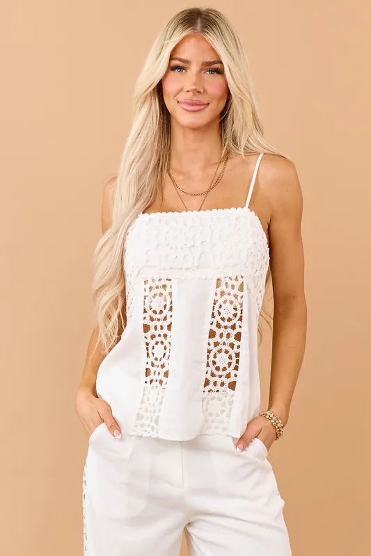 Off White Open Crochet Panel Tank Top - Heyson
