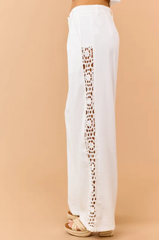 Off White Open Crochet Side Panel Wide Leg Pants - heyson