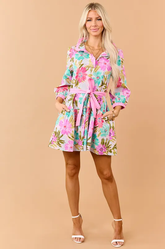 Bubblegum Floral Print Cotton Waist Tie Mini Dress - Jodifl