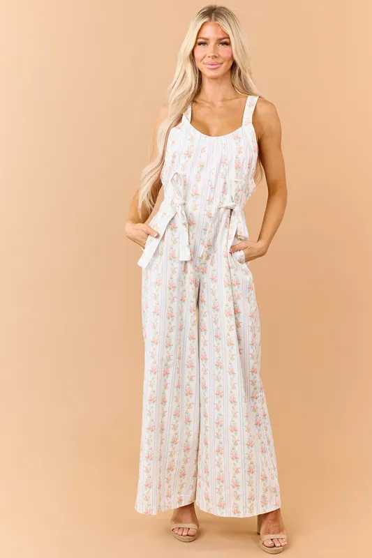 White Floral Stripe Print Denim Bow Detail Jumpsuit - Peach Love