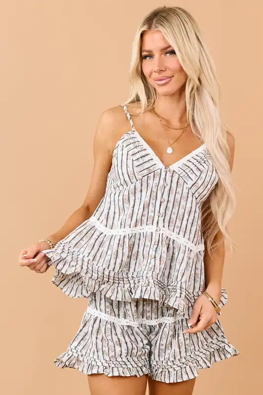 POL Coconut Striped Floral Button Down Cami Top - POL Clothing