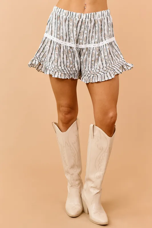 POL Coconut Striped Floral Lace Contrast Shorts - POL Clothing