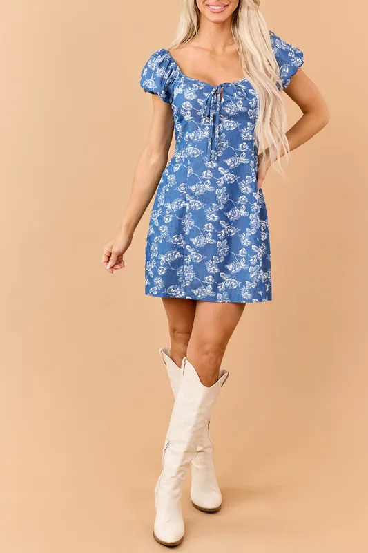 Medium Wash Chambray Floral Pattern Mini Dress - Privy