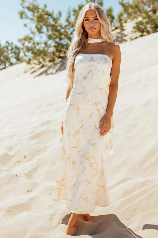 Sunrise Floral Print Satin Maxi Dress with Scarf - LENA