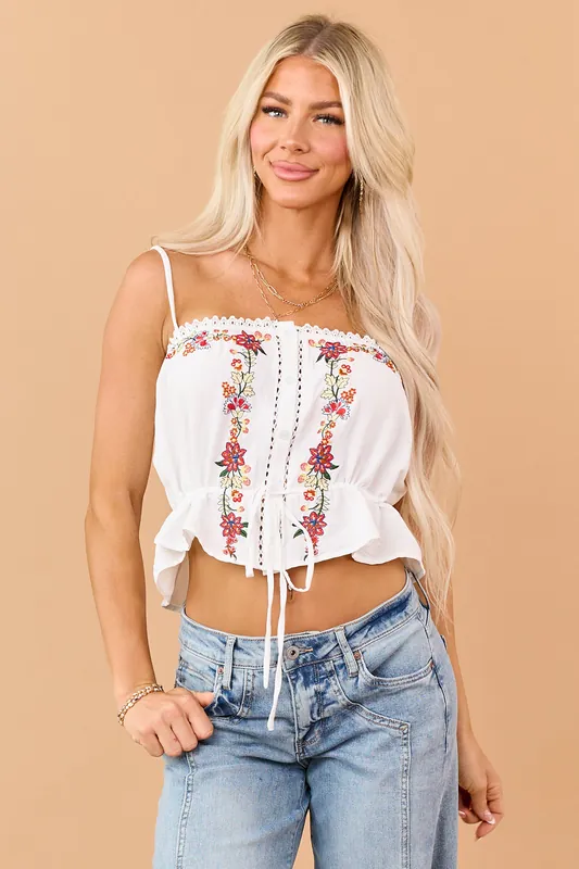 Off White Floral Embroidered Button Down Tank Top - Privy