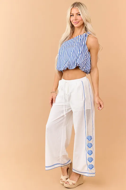 Ivory Open Knit Side Embroidered Shell Cotton Pants - Camellia Clothing