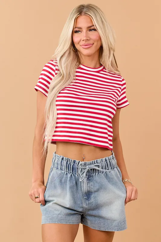 Lipstick Striped Cropped Short Sleeve Cotton Tee - LE LIS