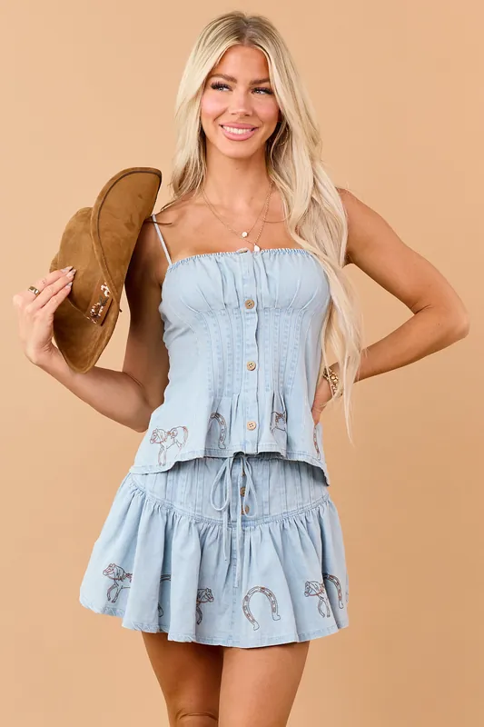 Light Wash Denim Western Embroidered Tank Top - Peach Love
