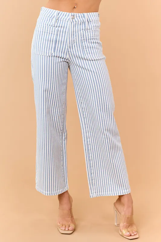 Mica Denim Dusty Blue Striped Wide Crop Stretch Jeans