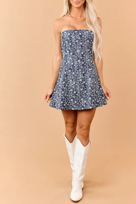 Dark Washed Denim Floral Embroidered Mini Dress - Baby Pink